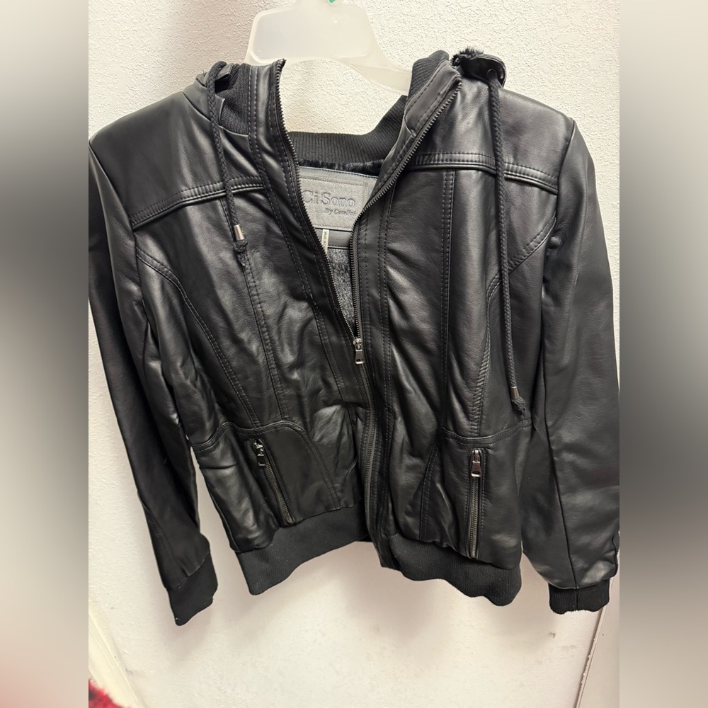 Ci Sono Black Faux Leather Jacket with Hood
